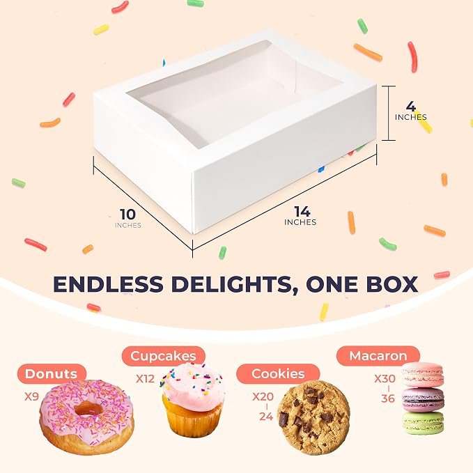 Fit Meal Prep 18 Pack 14 x 10 x 4 Inches White Bakery Boxes with Window, Auto-Popup Cardboard Gift Packaging and Baking Containers, Cupcake, Cookie and Loaf Bread Boxes