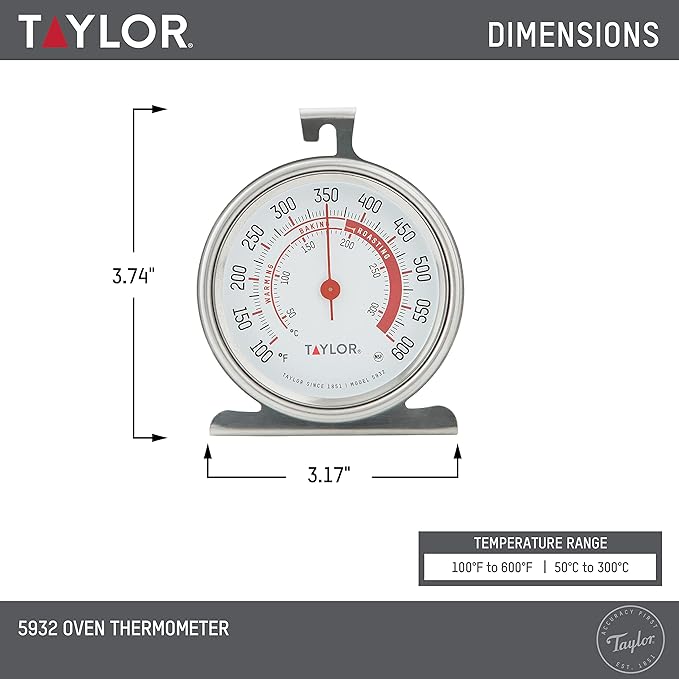 Taylor 5932 Large Dial Oven Thermometer 2 Pack, 3.25 Inch Stainless Steel Kitchen Cooking Thermometer for Oven, BBQ, Grill, Roasting, High Heat Resistance, Silver