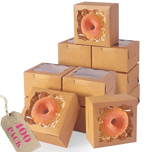 qiqee 400Pcs Brown Bakery Box with Window 4"x4"x2.5" Macaron Boxes Small Donut Pastry Boxes for Party Mini Cookie Boxes