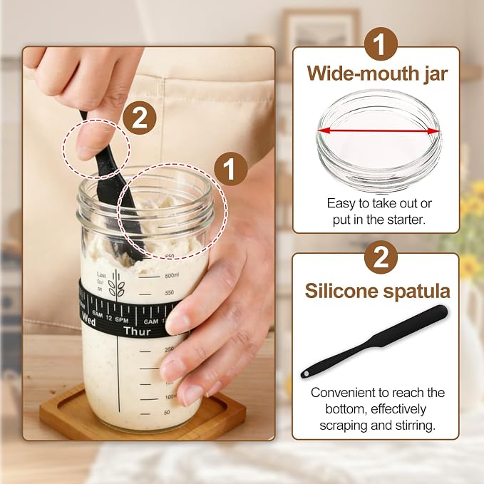 24 oz Wide Mouth Sourdough Starter Jar Kit, Glass Fermentation Container with Date Marker, Thermometer, Silicone Scraper & Lids, Airtight Glass Storage Canister for Homemade Bread Baking, Complete Sourdough Baking Supplies
