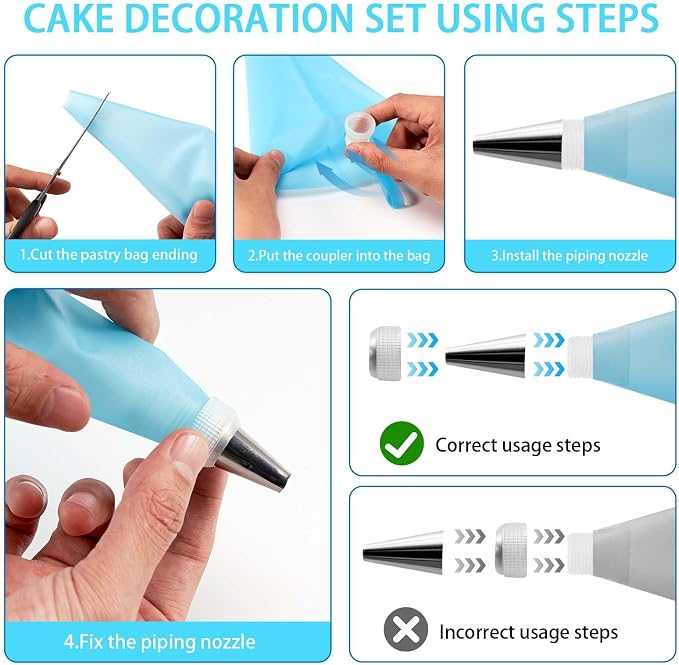 Piping Bags and Tips Set, Reusable Cake Decorating Kit with 24 Stainless Steel Icing Tips,2 Reusable Silicone Piping Bags,2 Couplers,3 Scrapers, Bag Ties & Brush for Baking, Cookie Icing and Cupcakes