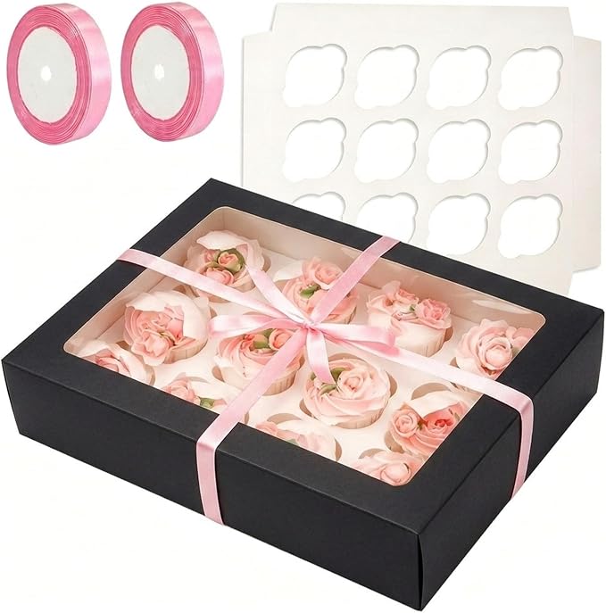 Bakepacker Auto-pop Up Cupcake Boxes with Window Black 40PCS 12 Count Cupcake Box 13"x10"x3.5" Cupcakes Carrier, 12 Cupcake Containers with 2 rolls of pink ribbons