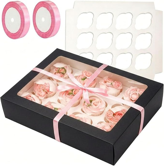 Bakepacker Auto-pop Up Cupcake Boxes with Window Black 40PCS 12 Count Cupcake Box 13"x10"x3.5" Cupcakes Carrier, 12 Cupcake Containers with 2 rolls of pink ribbons