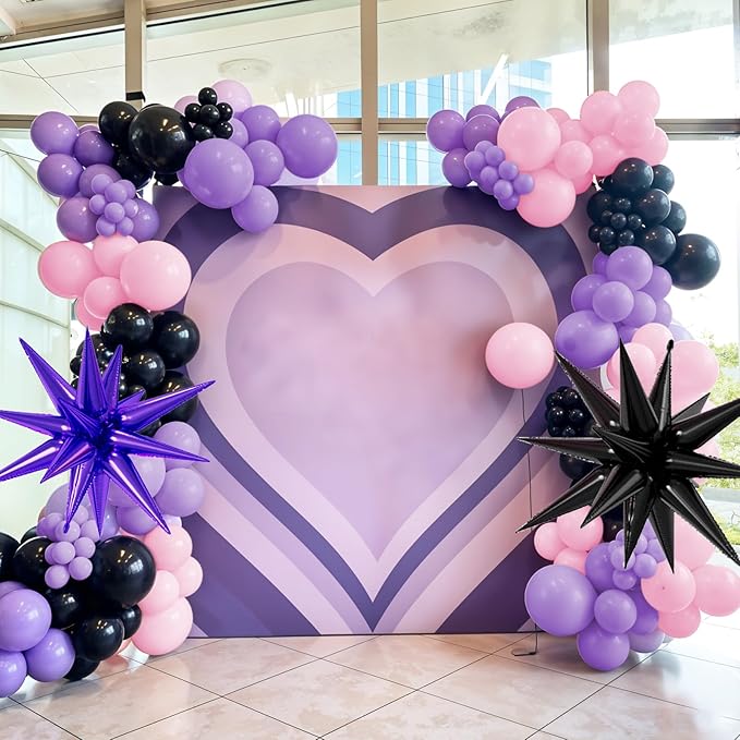 Pink and Purple Balloon Arch Garland Kit, Black Macaron Metallic Purple Pink Birthday Balloons, Star Foil Balloons for Princess Girl Theme Birthday Decorations Baby Shower Party Backdrop