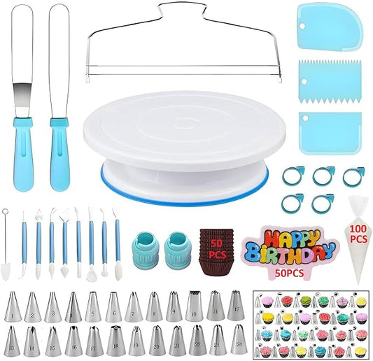 Cake Decorating Kit, 248 Pcs Baking Supplies (Blue) | Cake Turntable, Leveler, 24 Numbered Icing Tips, 2 Spatulas, 3 Scrapers, 50 Cupcake Liners, 100 Pastry Bags & More