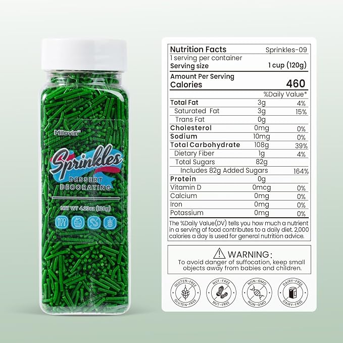 Edible Green Sprinkles, Jimmies Sprinkles, Green Sprinkle for Cupcake, Baking, Cake, Cookies, Donut, Perfect for Christmas, St. Patrick's Day, Spring Theme, and Easter(120g/4.23oz)