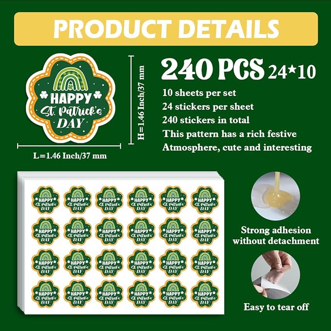 240 PCS Happy St. Patrick's Day Packaging Stickers,Clover Sticker for Small Business Envelopes Shipping Boxes Gift Packaging