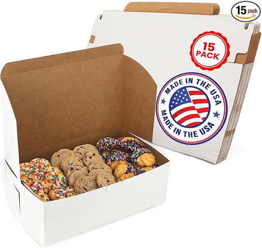 MT Products Cookie Boxes 10" x 6" x 3.5" - White Bakery Boxes No-Window for Muffin, Cupcakes, Donuts, Macaroon (Pack of 15) - Made in the USA