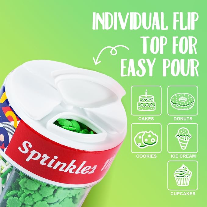St. Patrick's Day Sprinkles Mix, 6.5oz - Green & White Jimmies, Nonpareils, Shamrocks for Cake Decorating, Cookie, Cupcake, Ice Cream Topper, St Patty's Day Baking Supplies