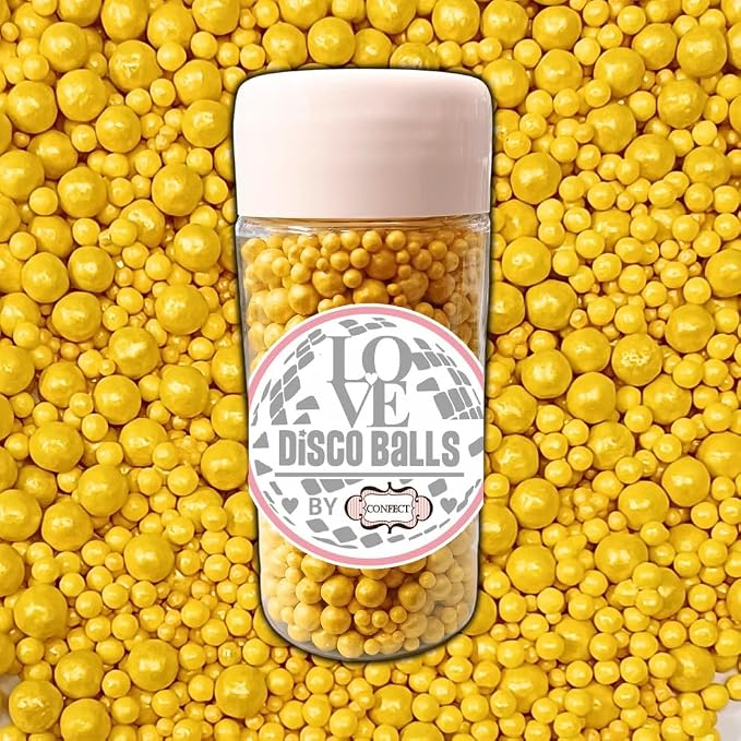 Confect Love Yellow Disco Ball Candy Sprinkles – Edible Decorative Sugar Pearls for Cake, Cupcake & Dessert Decorating | Vegan, Gluten-Free, Soy-Free, Dairy-Free, Palm Oil-Free – 4.2 Oz
