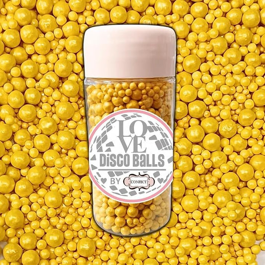 Confect Love Yellow Disco Ball Candy Sprinkles – Edible Decorative Sugar Pearls for Cake, Cupcake & Dessert Decorating | Vegan, Gluten-Free, Soy-Free, Dairy-Free, Palm Oil-Free – 4.2 Oz