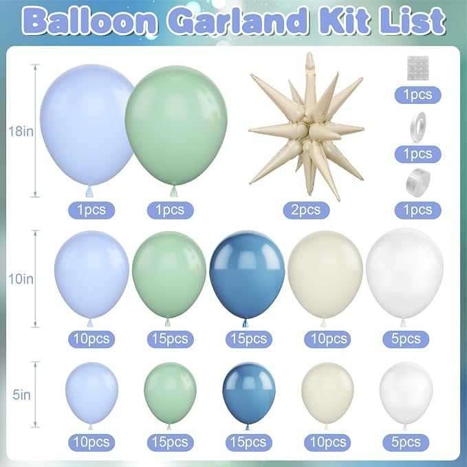 Under the Sea Balloon Arch Garland Kit with Dusty Blue Pastel Green Sand White Star Foil Balloon for Ocean Themed Birthday Baby Shower Party Decorations