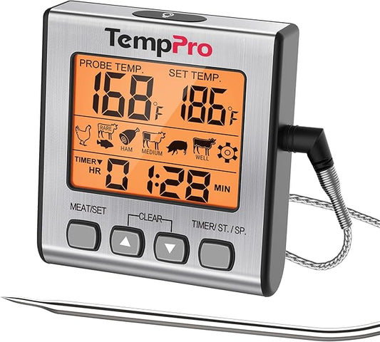TempPro Digital Meat Thermometer for Cooking and Grilling, BBQ Food Thermometer with Backlight and Kitchen Timer, Grill Temperature Probe Thermometer for Smoker, Oven, Baking,Oil(Previously ThermoPro)