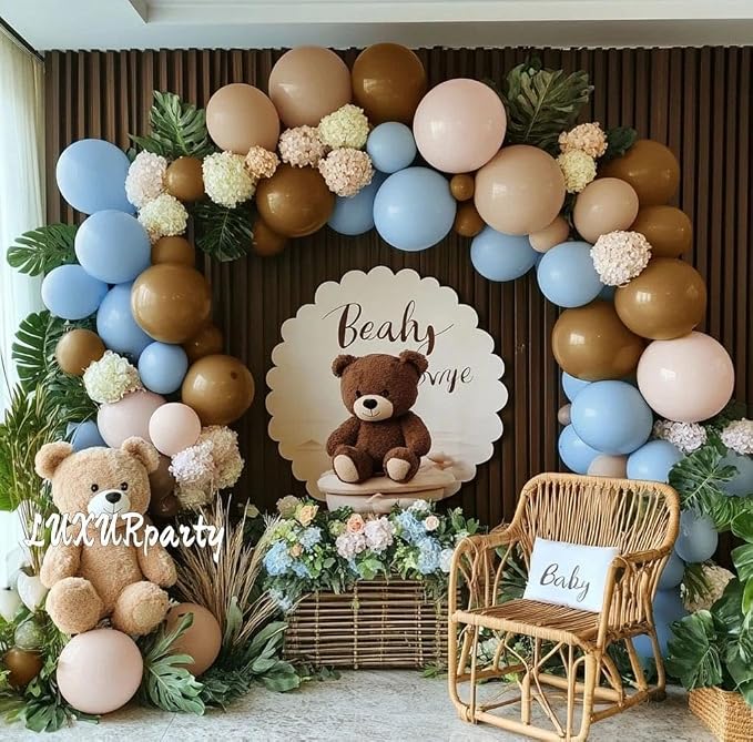 Blue Brown Nude Balloon Garland Double Stuffed Dusty Blue Coffee Pastel Balloon Kit for Teddy Bear Baby Shower Boy Birthday Gender Reveal Boho Theme Party Decorations