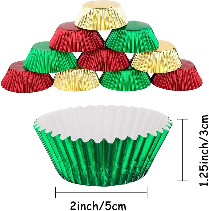 Whaline 300Pcs Foil Metallic Cupcake Liner Baking Cups, Muffin Tins Treat Cups Foil Metallic Cupcake Liners for Christmas Party, Weddings, Birthdays, Baby Showers, Standard Size (Red, Green, Gold)