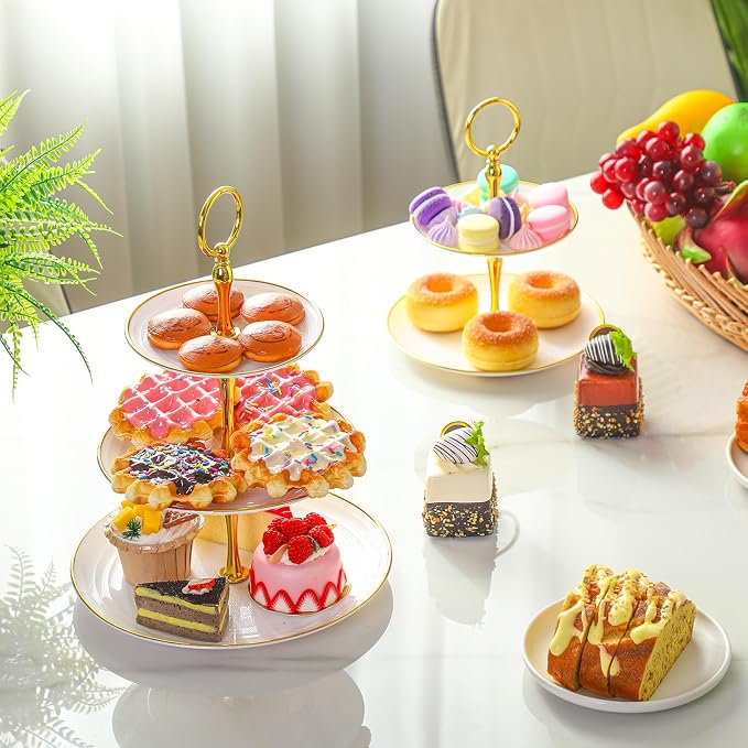 Teenyyou 8 Pack 3 Tier Cupcake Stand Bulk Tiered Dessert Stand Thick Plastic Serving Tray with Gold Edges Dessert Table Display Set Tea Cake Holder for Wedding Birthday Party(White,Round)