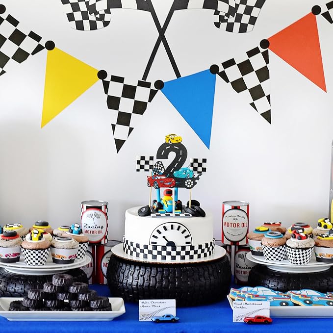 MEMOVAN Race Car 2nd Cake Topper Two Fast Cake Topper Racing Car Birthday Cake Decoration for Racing Car Checkered Flag Themed Girl Boy 2 Years Birthday Party Decoration Double Sided