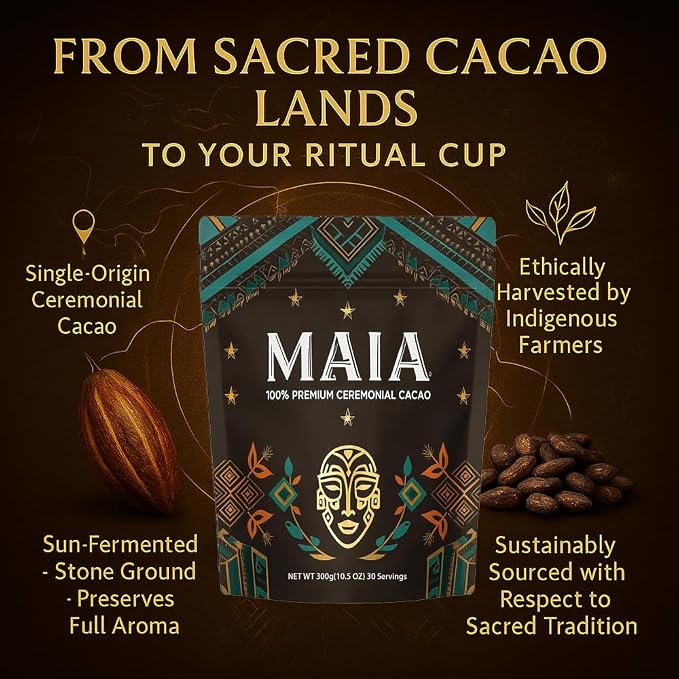 Maia Ceremonial Cacao, with Flavanol, Theobromine, Magnesium and Natural Flavonoids Blend, Improves Mental Clarity and Focus, 100% Organic Cocoa Powder, Unsweetened Cacoa Powder for Natural Energy & Mood Support (1)