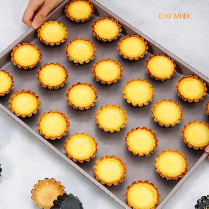 CHEFMADE Mini Egg Tart Pans, Non-Stick 3 Inch 12Pcs Tartlet Molds for Baking, Small Round Quiche Pans for Egg Tarts, Cupcakes, Pies (Black)
