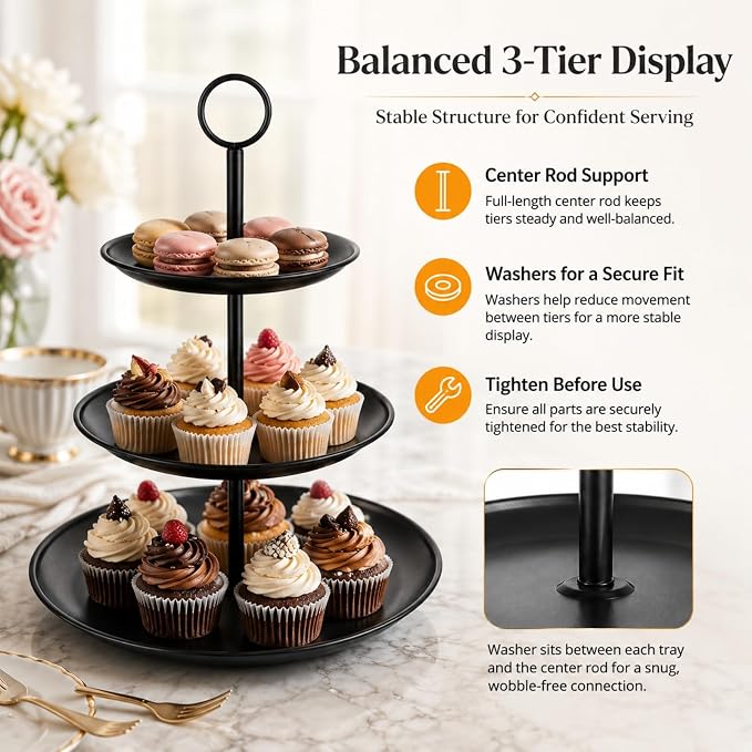 YOUNTHYE Black Cupcake Stand 3 Tier, Stainless Steel Tiered Dessert Stand for Wedding, Birthday, Tea Party, Holiday Dessert Table, Serving Tray for Cupcakes, Cookies, Macarons and Fruit