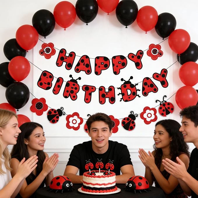 Zwiebeco Red Black Ladybug Happy Birthday Banner Bunting Hanging Paper Garland Party Decorations for Boys Girls Kids Baby Shower Insect Ladybird Themed Spring Garden Bday Decor Accessories Supplies
