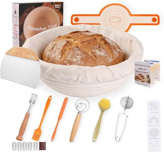 Sourdough Starter Kit for Beginners with 9" Round Banneton Proofing Basket, Bread Lame with 5 Blades, Danish Dough Whisk, Silicone Sling, Stencils & Baking Supplies for Homemade Sourdough Baking
