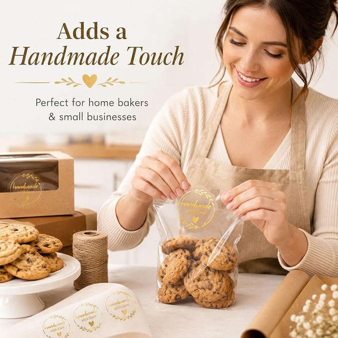 Handmade with Love Gold Foil Stickers, Pack of 100 Embossed Matte Gold Seals for Bakery Packaging, Treat Bags, Pastry Boxes, Small Business Thank You Labels for Gift Wrapping, 1.7 Inch (Clear Gold)