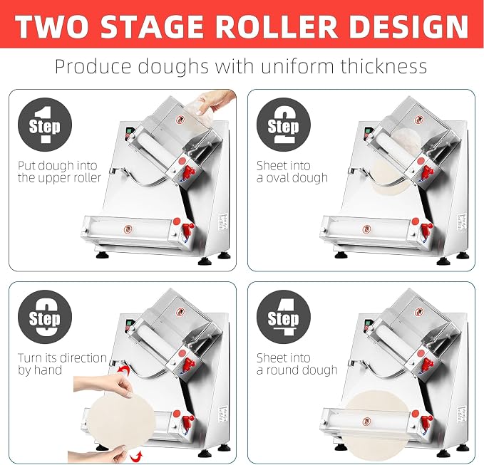 Commercial Pizza Dough Roller Sheeter, Max 12", CHEINAUTO Automatic 370W Electric Pizza Dough Roller, Stainless Steel, Suitable for Noodle, Pizza Bread and Pasta Maker Equipment