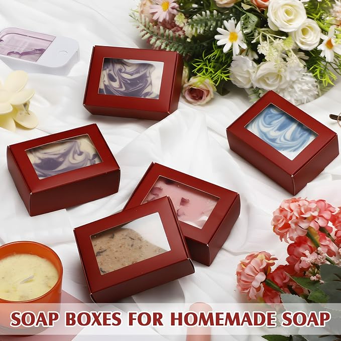 Zonon 30 Pcs Soap Boxes for Homemade Packaging, Mini Kraft Boxes with Window for Bakery Candy Soap Making Gift Packaging, 3.7x2.6x1.4 Inch (Burgundy)