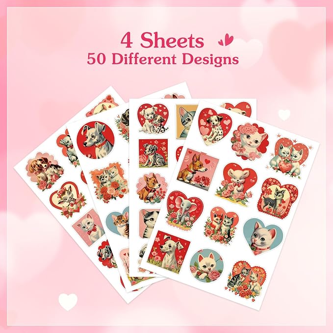 FaCraft 50PCS Love Stickers for Scrapbooking - Cute Animal Aesthetics Sticker for Phone Caps Luggage Envelope Laptop Water Bottles Boxes Cat Dog Valentines Stickers for Couples Adults Teens Kids Women