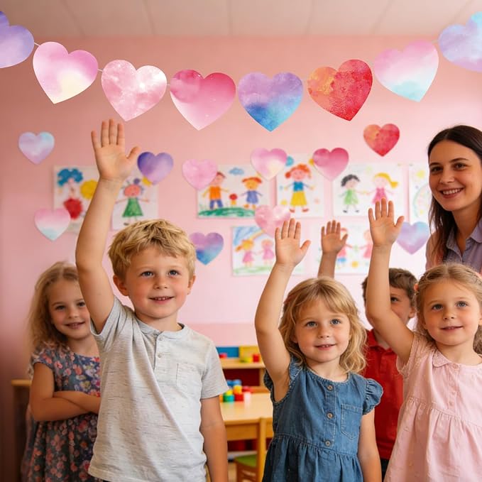 Vuzvuv 54Pcs 6In Watercolor Heart Paper Cutouts with 100Pcs Glue Points for Wall Bulletin Board Decorations, Heart Cut Out for Classroom, DIY Crafts & Party Banners