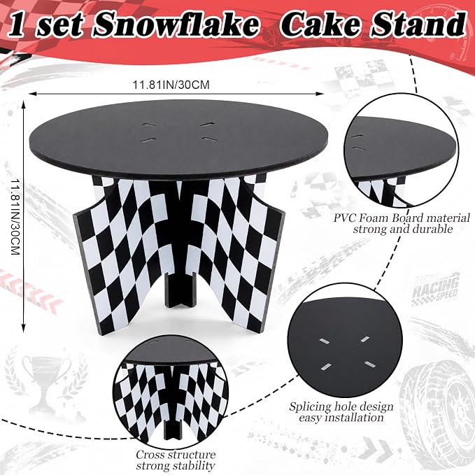 Lallisa 12" Racing Car Theme Cake Stand Black 3D Racing Party Decorations with Black and White Checkered Flag Base PVC Dessert Holder Centerpieces for Two Fast Theme Birthday Party Supplies