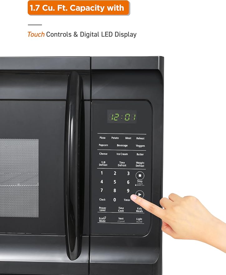 Commercial Chef 1.7 Cu. Ft. Over-The-Range Microwave Oven, 1000 Watt Microwave with 10 Power Levels, 300 CFM Hidden Vent Hood Fan, Touch Controls, LED Display, 10 Preset Options, CHMR17GB, Black