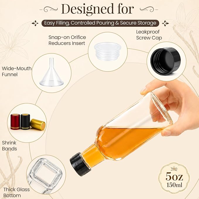 TBWIND 18 Pack 5oz Vanilla Extract Bottles with Airtight Leakproof Caps | Include Shrink Bands, Labels & Funnels; Designed for Vanilla Extract, Syrups, Tinctures, Limoncello, Oils & Gift Giving