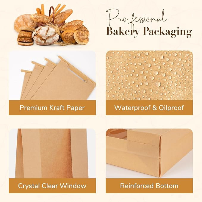 100 Pack Long Paper Bread Bags with Tabs for Homemade Sourdough, Resealable Bakery Bags with Window for Oval Sourdough Bread, Loaves, Pastries, Baguettes (6.3x2.7×13.7 Inches)