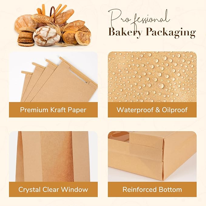 200 Pack Long Paper Bread Bags with Tabs for Homemade Sourdough, Resealable Bakery Bags with Window for Oval Sourdough Bread, Loaves, Pastries, Baguettes (6.3x2.7×13.7 Inches)