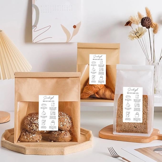 80 Pcs Sourdough Bread Care Instruction Stickers, 2x3.5 Inch Minimalist Black and White Storage Tips Labels for Bakery Bakers, Client Packaging and Homemade Bread