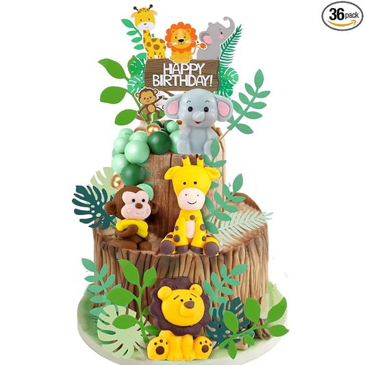 36 Pcs Safari Cake Topper Leaves Cake Decorations Elephant Birthday Cake Toppers Jungle Animals Cakes Toppers Woodland Animal Tiger Lion for Party Baby Shower Birthday Supplies