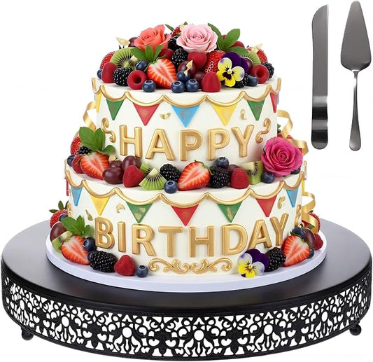 Wenqik 16 Inch Black Cake Stand Set Metal Round Cupcake Dessert Stand with Cake Cutting, Spatula Wedding Cupcake Pastry Display Candy Holder Display for Wedding Party Birthday Baby Shower(Classic)