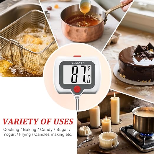 BOMATA Digital Candy Thermometer with Pot Clip, Deep Fry Oil Thermometer with Rotatable Display & Long Probe, for Candy Candle Making, Cooking, Food, Liquids, Water, Sugar.. White