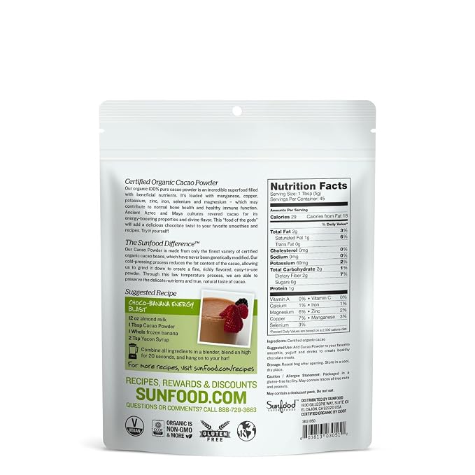 Sunfood Superfoods Cacao Powder Organic - Pure Raw Chocolate Powder for Baking, Rich & Unsweetened, Certified USDA Organic, Non-GMO, Vegan, Gluten Free, Earth Kosher - 8 oz Bag (Pack of 2)