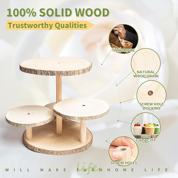 GENMOUS 4 Tiered Round Cake and Cupcake Stand Combo for Birthday Party Decor, Rustic Wooden Cupcake Tower Stands for 50 Cupcakes, Farmhouse Cupcake Tier Stand Display for Wedding Baby Shower Tea Party