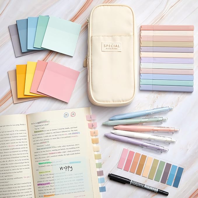 Jutom 39 Pcs Aesthetic Book Annotation Kit Highlighter with Case Bag Gel Pen Transparent Sticky Note Taking Bible Supplies(Cream,Cute Style)