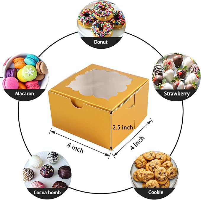 NPLUX 50pcs Cookie Boxes with Window Bakery Boxes Small Treat Boxes Mini Pie Boxes Pastry Boxes 4x4x2.5, Graduation Gifts Party Favors(Gold)