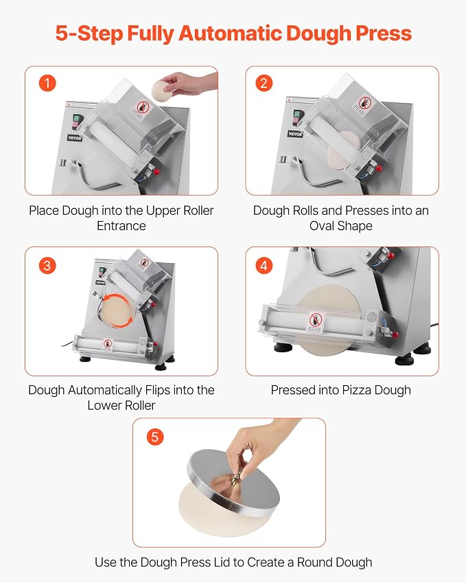 VEVOR Pizza Dough Roller Sheeter, 3-14 Inch Automatic Stainless Steel Pizza Press, Commercial Electric 370W Pasta Maker Machine, 260 pcs Per Hour, Adjustable Thickness, with Dough Press Lid