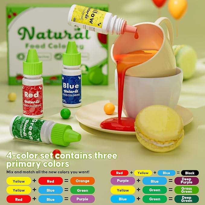 Natural Food Coloring - FD&C & Artificial Dye Free Formula Color 4 Natural Food Dye Set for Icing Frosting Cake Baking Easter Egg Fondant Cooking Decorating - 0.25 Fl. oz (6 ml)/Bottles