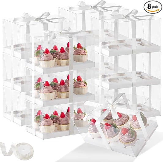 JCD 5.5inches height 8 Pack Clear Cupcake Boxes 6 Count Cupcake Containers with Gift Ribbon, Rectangle Cupcake Holder for Treats, Dessert Boxes, Muffins (6count/8pcs)