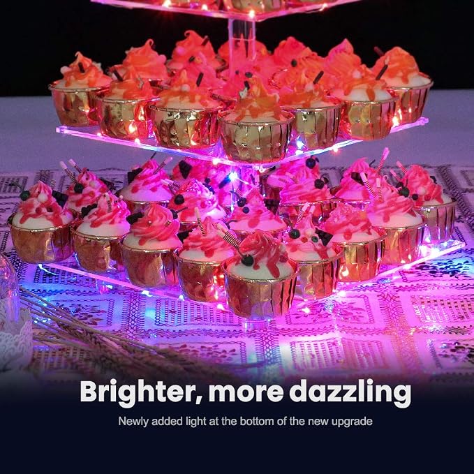 YestBuy Cupcake Stand – 5 Tier Premium Cupcake Holder – Acrylic Cupcake Tower Display – Cady Bar Party Décor – Acrylic Display for Pastry + LED Light String – Ideal for Weddings, Birthday (Colorful)