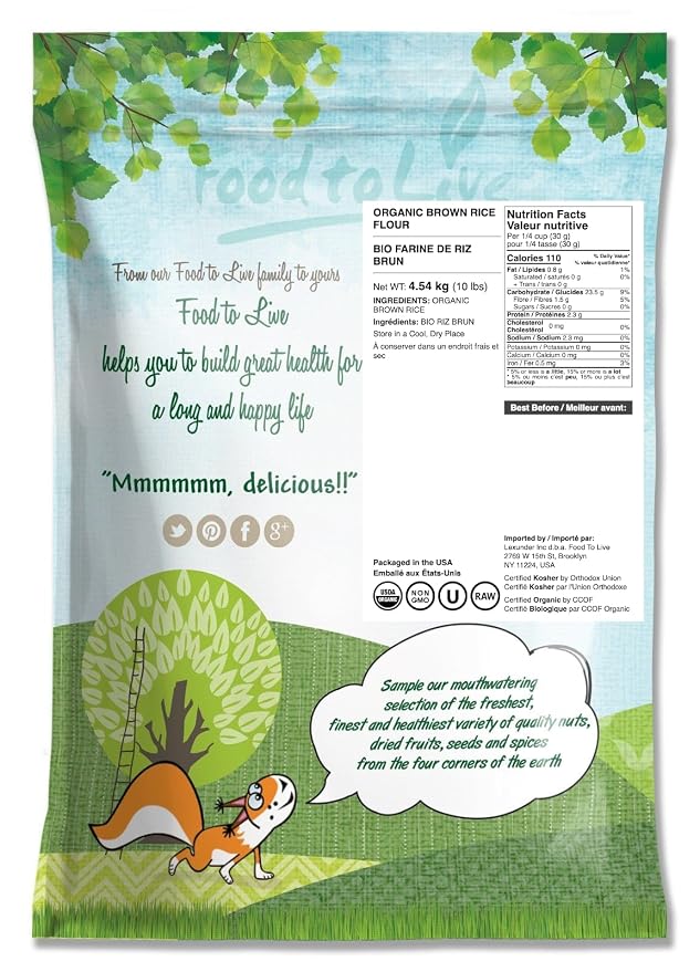 Food to Live Organic Brown Rice Flour, 10 Pounds - Non-GMO, Finely Ground from Long Grain Rice, Unbleached, Untreated, Vegan Meal, Kosher, Bulk Powder
