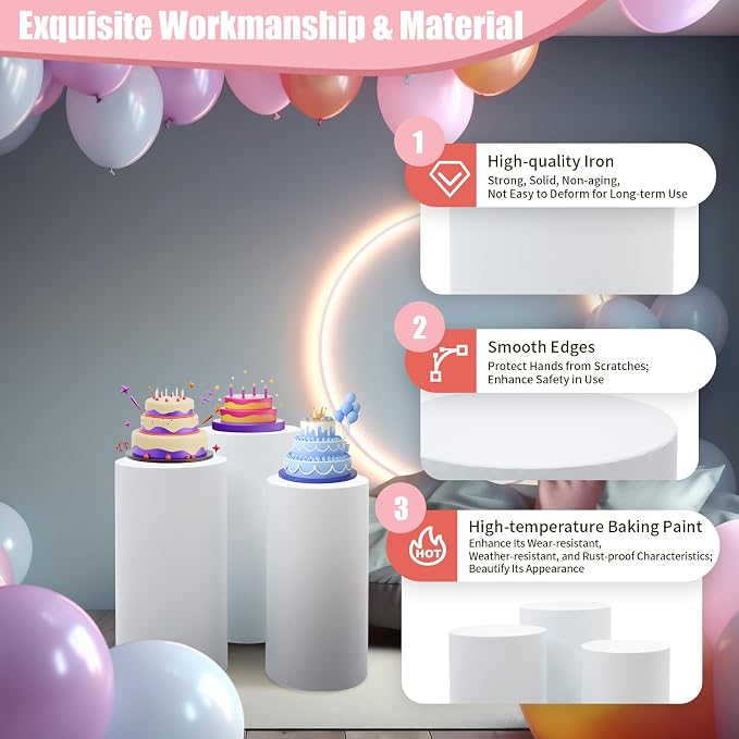 3 PCS Cylinder Stands for Party, White Round Cake Pedestal Stand Metal Cylinder Pedestal Stand Dessert Table Display Pillars for Wedding Birthday Banquet Baby Shower Parties Event Decor 23.62''(L) 21.65''(M) 19.68''(S)